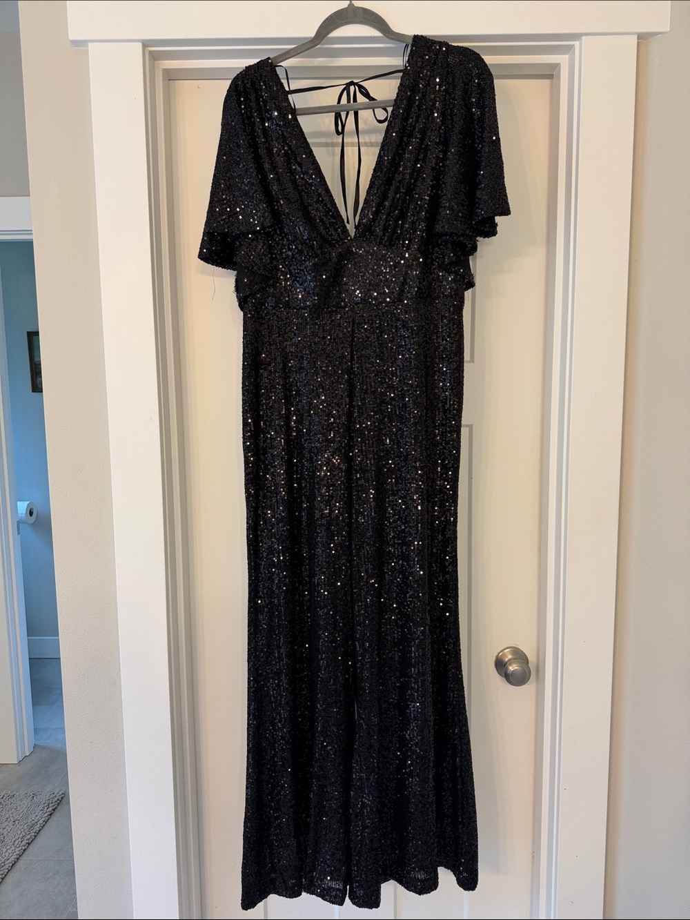 Vici Black Sequin V-Neck Jumpsuit with Flutter Sleeves